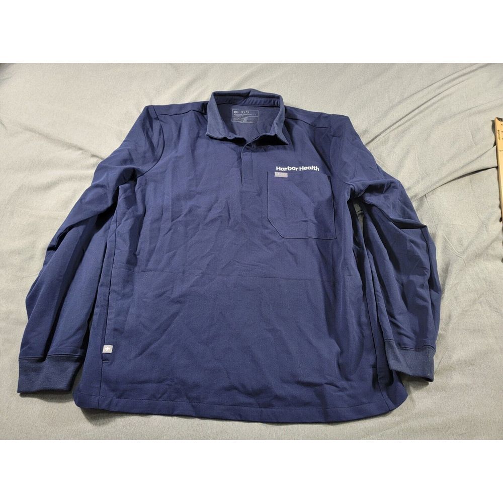 Figs‎ Blue L/S Scrub Shirt Collared Sz Large, w/ side pockets, Harbor Health